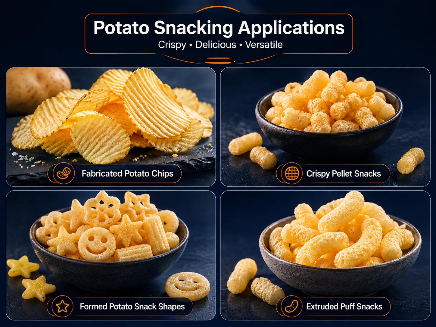 Potato flakes for snack production – fabricated chips line
